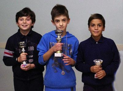 I premiati del torneo A: da sinistra, il vincitore, Giacomo Fabris, David Petrovic, secondo, e Pietro Pellizzari, terzo.