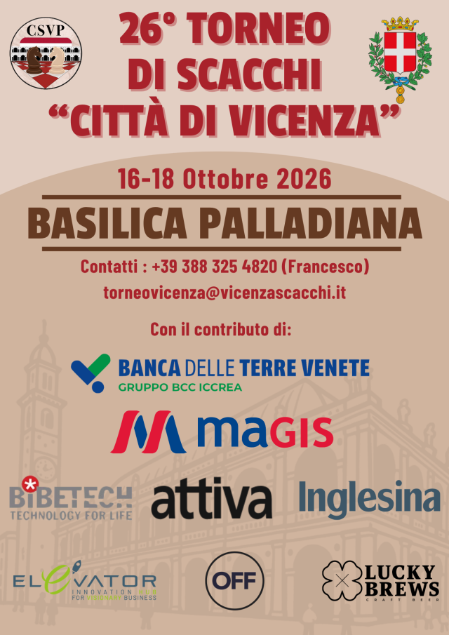 Locandina del 26° torneo di scacchi Città di Vicenza in Basilica Palladiana